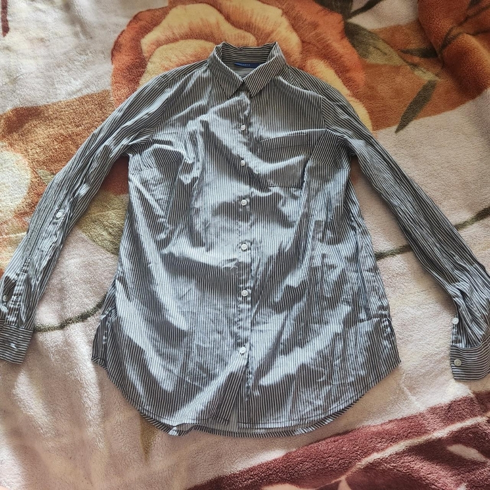 gray long sleeve button up with white stripes